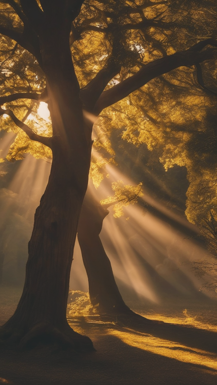 Sunbeam through ancient trees wallpaper