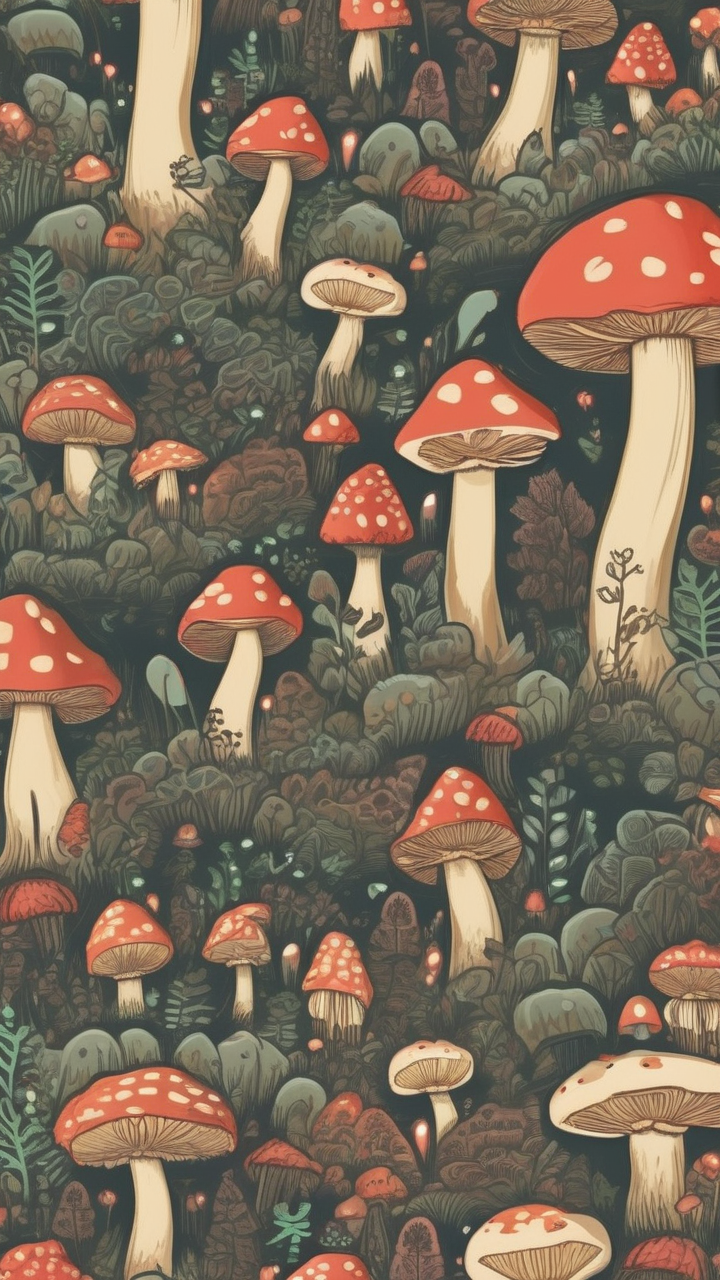 Mushroom forest floor wallpaper
