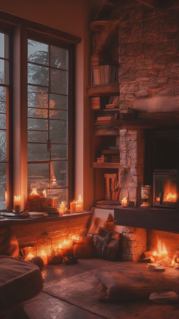 Cozy fireplace reading nook wallpaper
