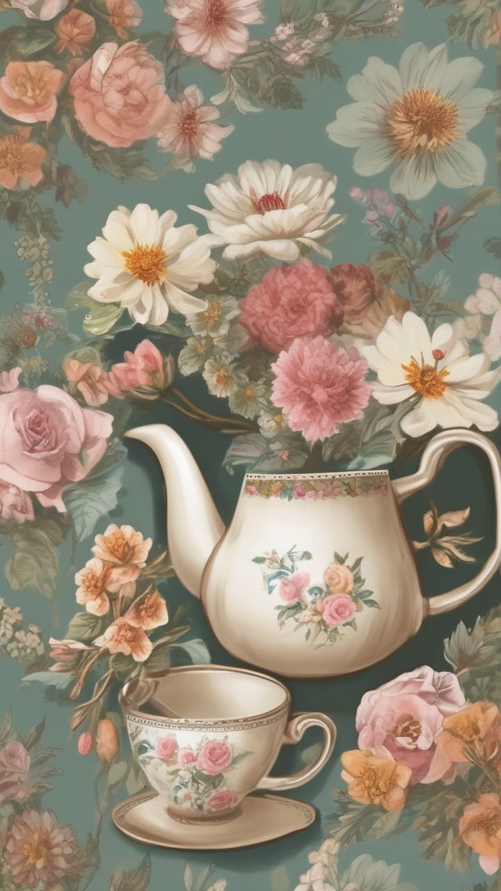 Vintage teapot and flowers wallpaper