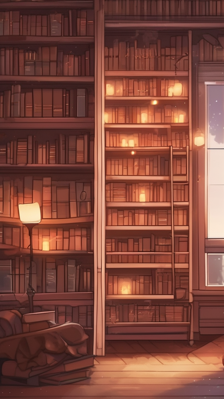 Cozy library bookshelf wallpaper
