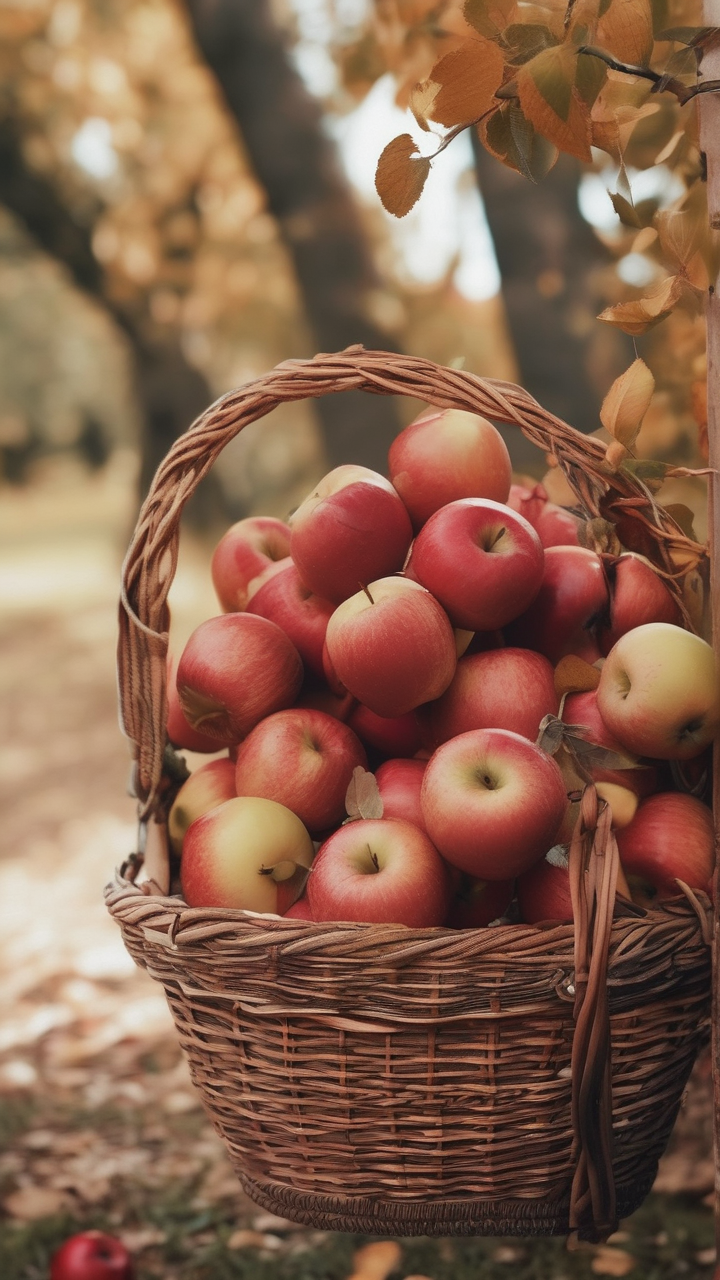 Basket of apples in orchard wallpaper