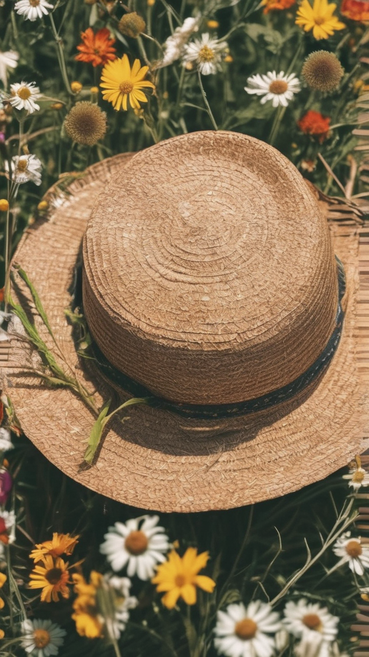 Straw hat and wildflowers wallpaper