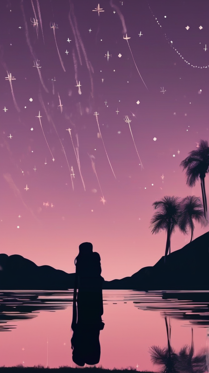 Shooting stars over silhouette wallpaper