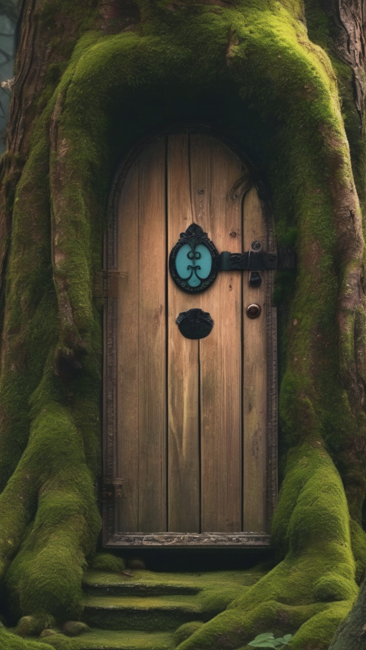 Fairy door in mossy tree wallpaper