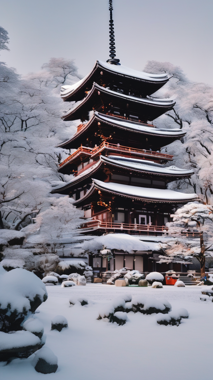 Japanese temple in snow wallpaper