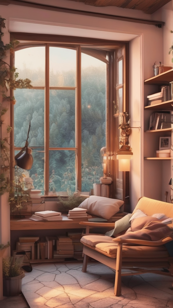 Cozy reading nook aesthetic wallpaper