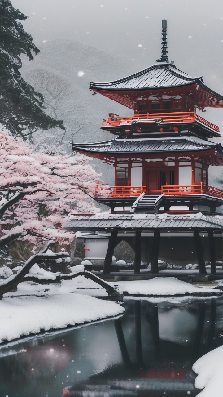 Snowy Japanese temple wallpaper