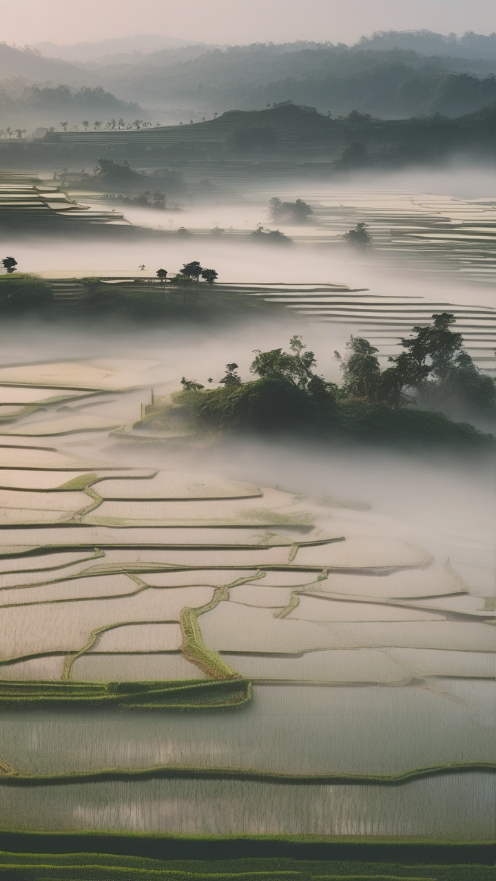 Morning fog over rice fields wallpaper