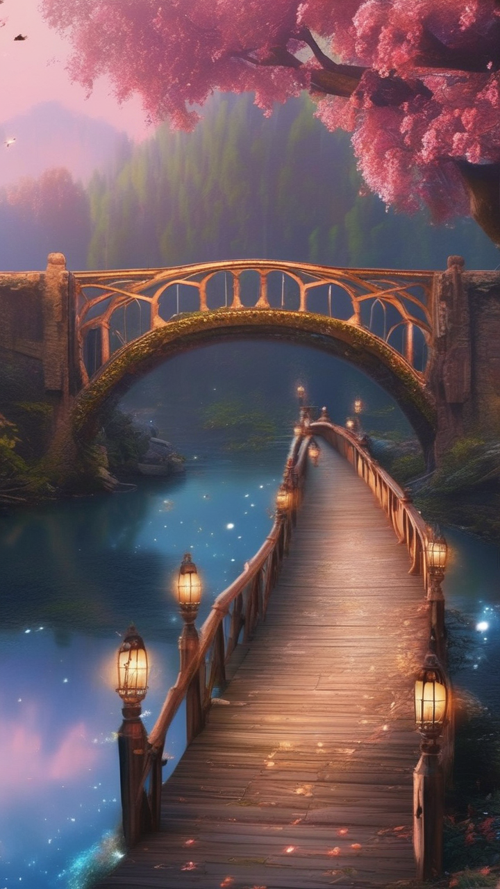 Fairy tale bridge over river wallpaper
