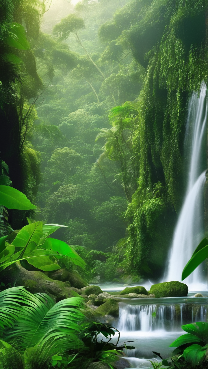 Lush green rainforest waterfall wallpaper