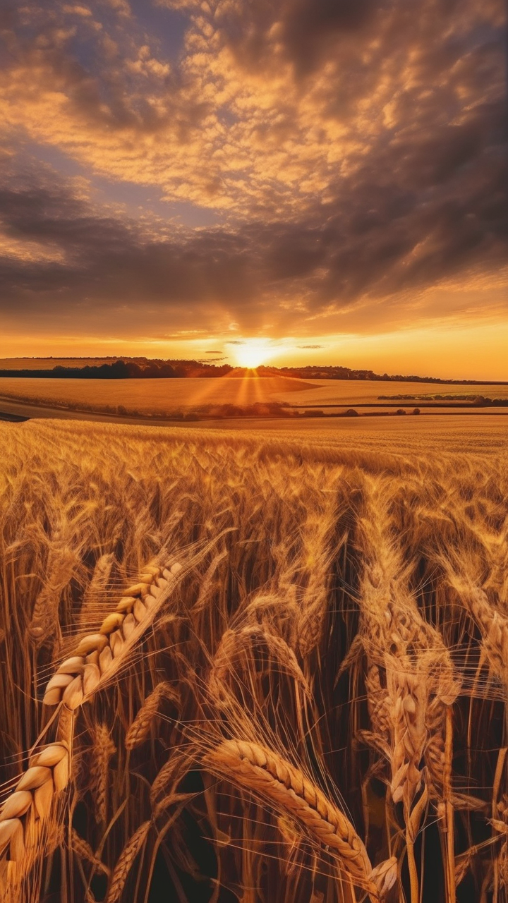 Sunset over wheat field wallpaper