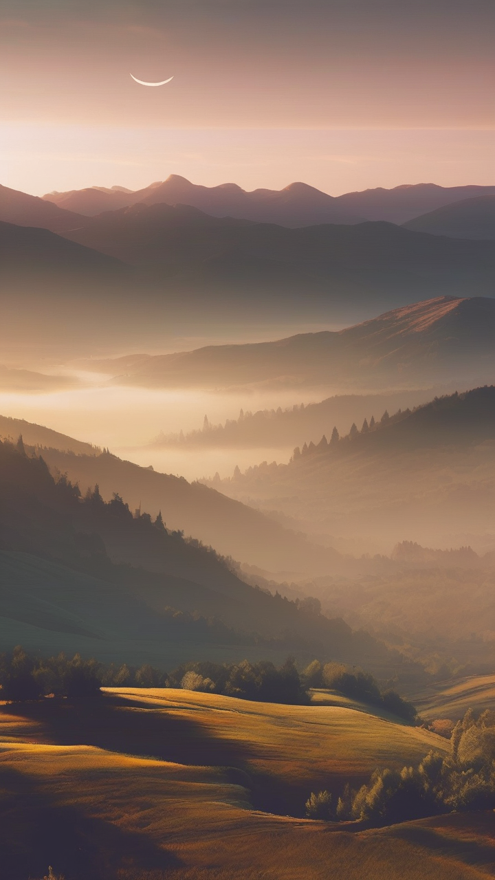 Sunrise over misty valley wallpaper