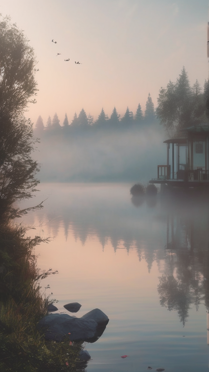 Misty lakeside morning wallpaper