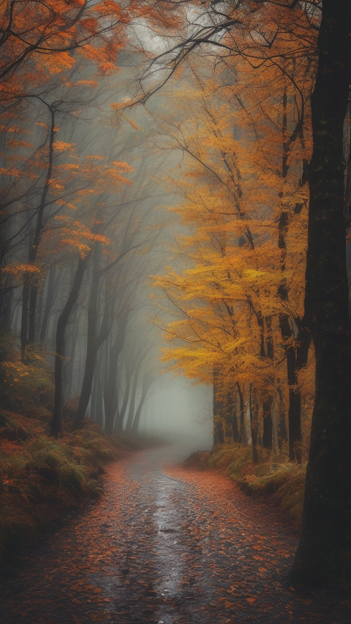 Forest path in autumn rain wallpaper