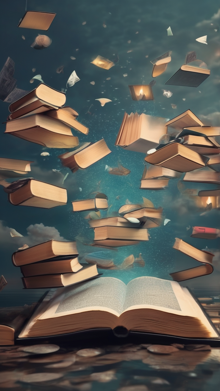 Surreal floating books wallpaper